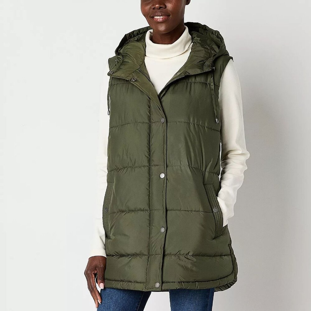 New St. John's Bay Hooded Puffer Vest. Oregano, Size L, XXL